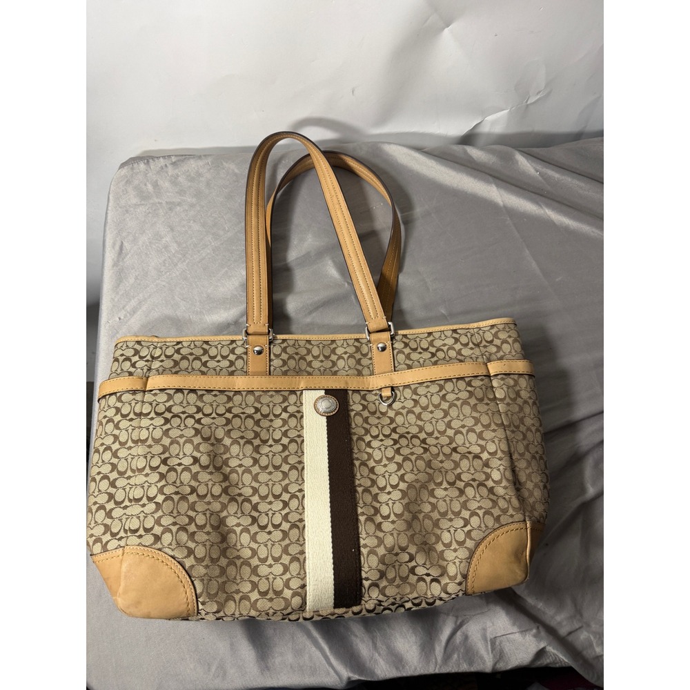 Coach Signature Canvas Tote Bag Khaki Brown Leather Trim Stripe Monogram Handbag